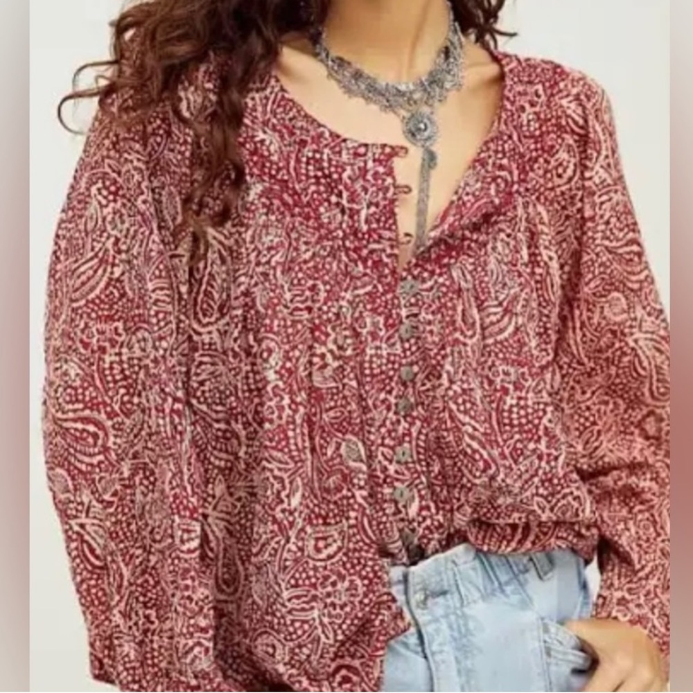 Free People Red and White Paisley Button Down Babydoll Blouse